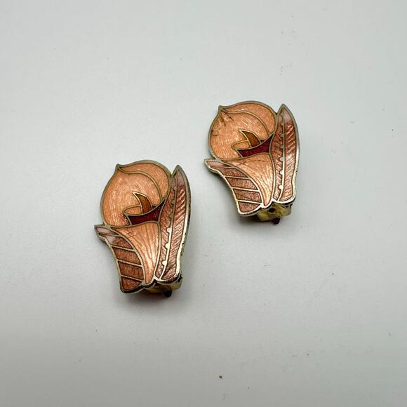 Vintage Jewelry - SG Vintage Marked Gold Hammered Back Pink Cloisonne Flower Orchid Clip Earrings